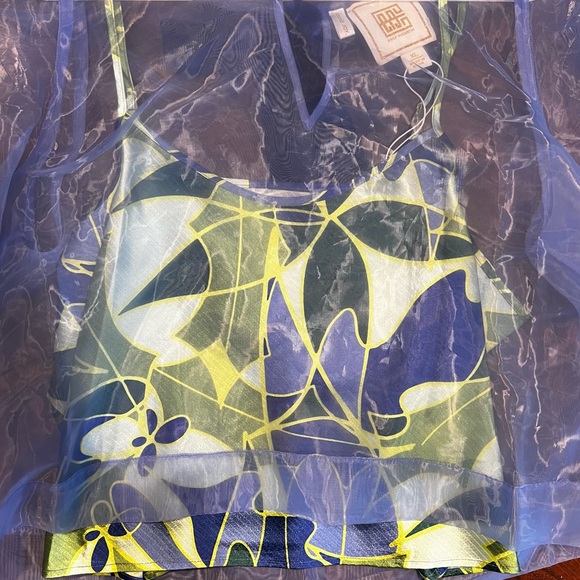 NWOT Emily McCarthy Bella Sheer Organza Blue Floral Print Bow Top - Picture 4 of 14